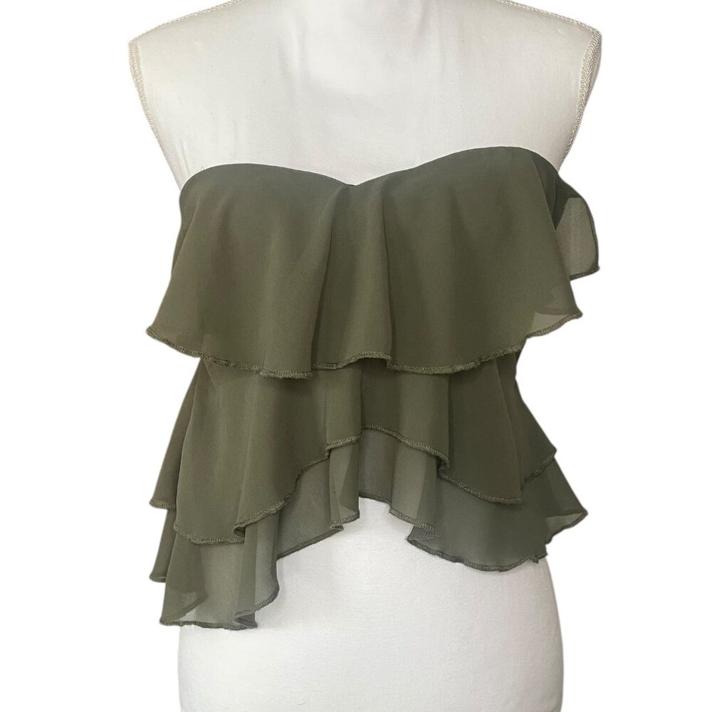 Edikted Women’s S Strapless Tube Top Olive Green Ruffle Chiffon Grunge Fairy